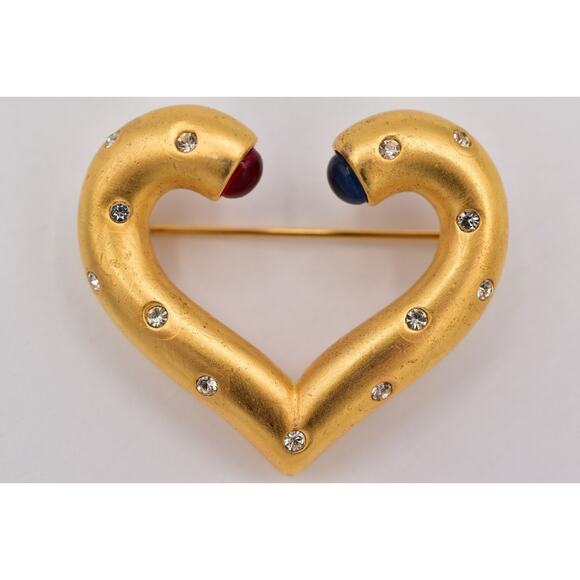 Givenchy Vintage Heart Gripoix Pin Brooch Cabochon Brushed Gold Signed 80s BinBP - Picture 1 of 12